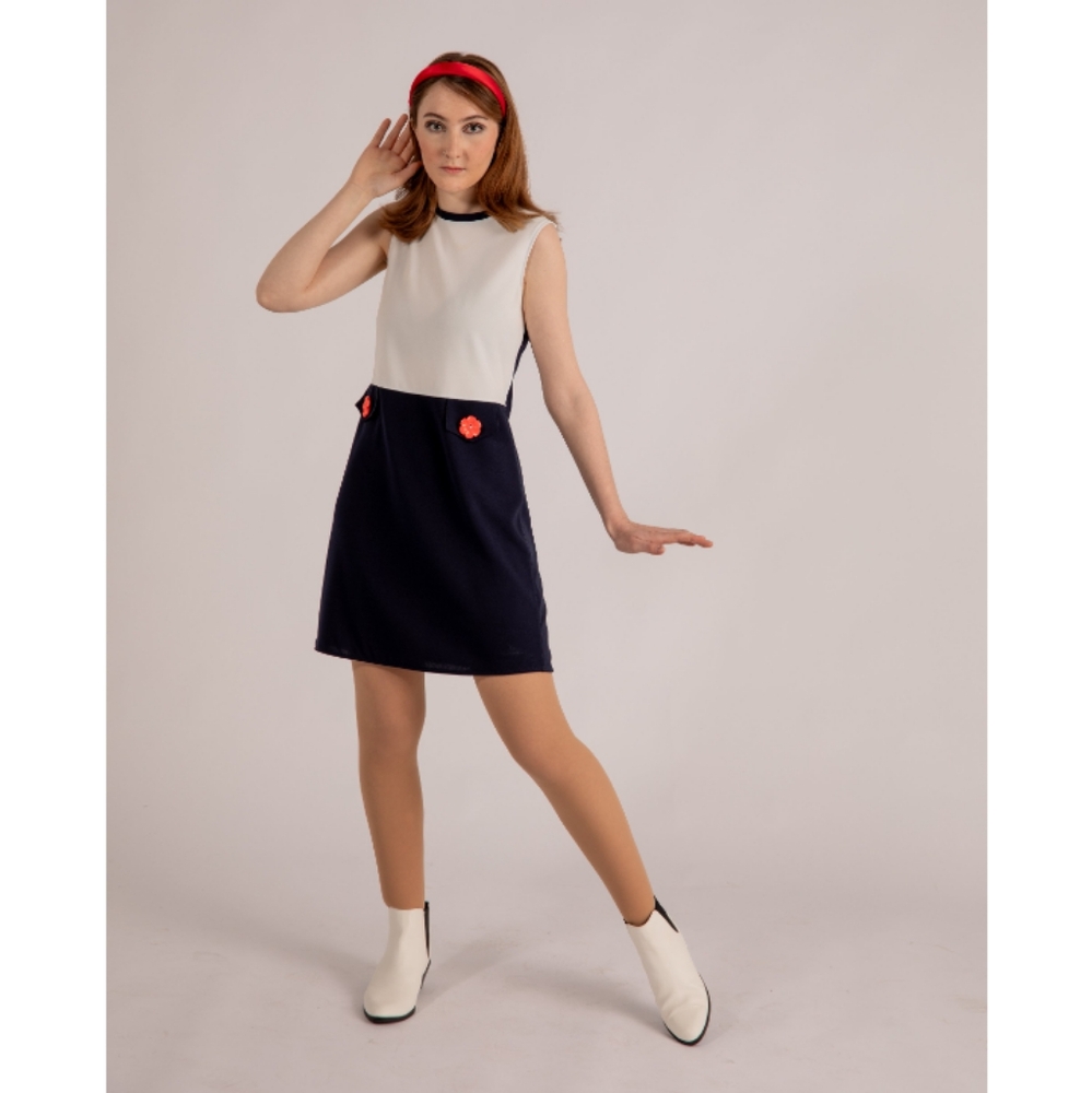 Love Her Madly "Robin" Navy and White Sleeveless Shift Dress with Flower Buttons